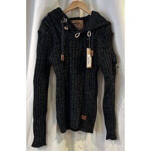 Leif Nelson Sweater Mens XL Pullover Slim Fisherman Cable Knit Hooded Preppy‎